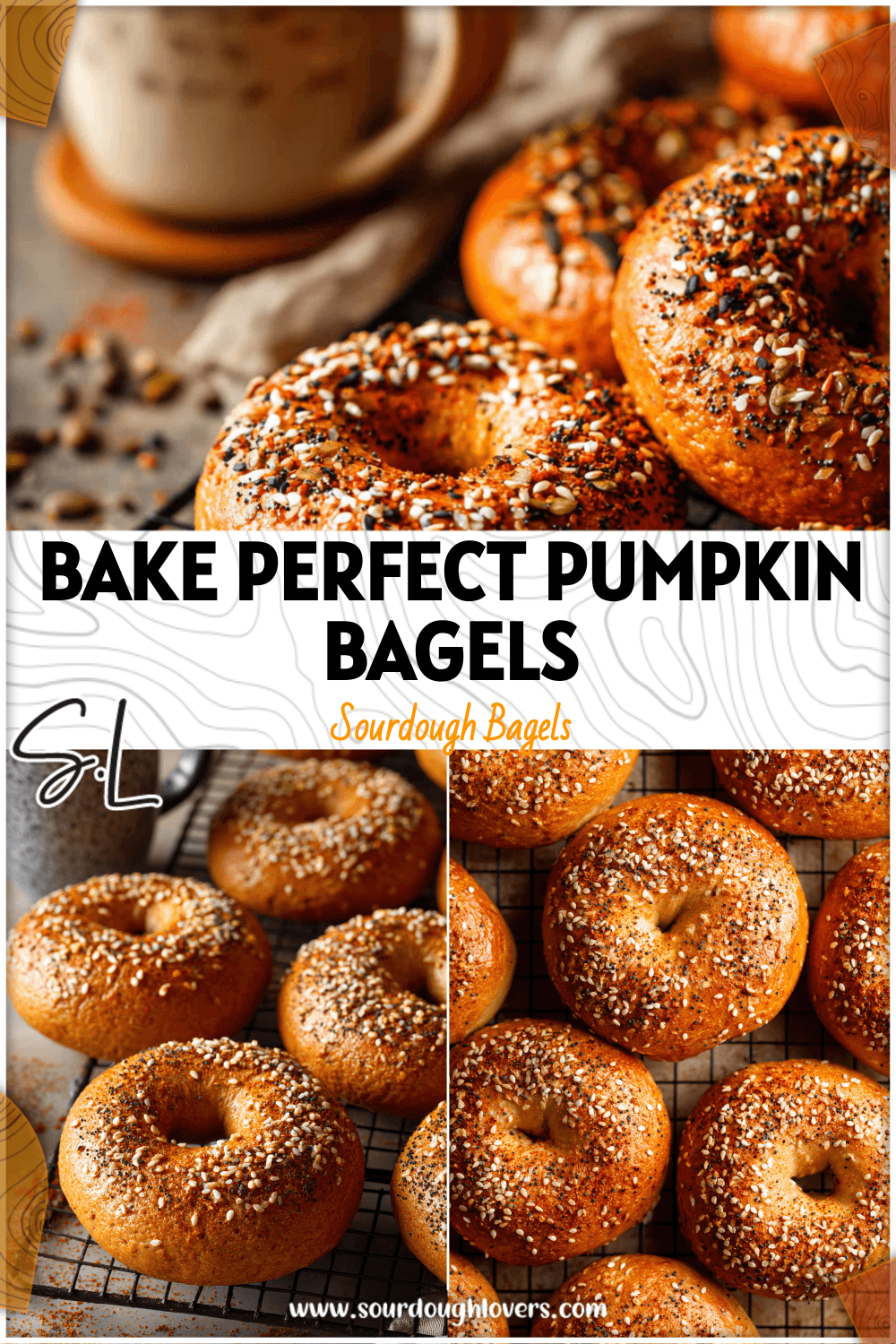 Freshly baked pumpkin sourdough bagels sprinkled with spice on a cooling rack beside a NYC-style bakery mug.